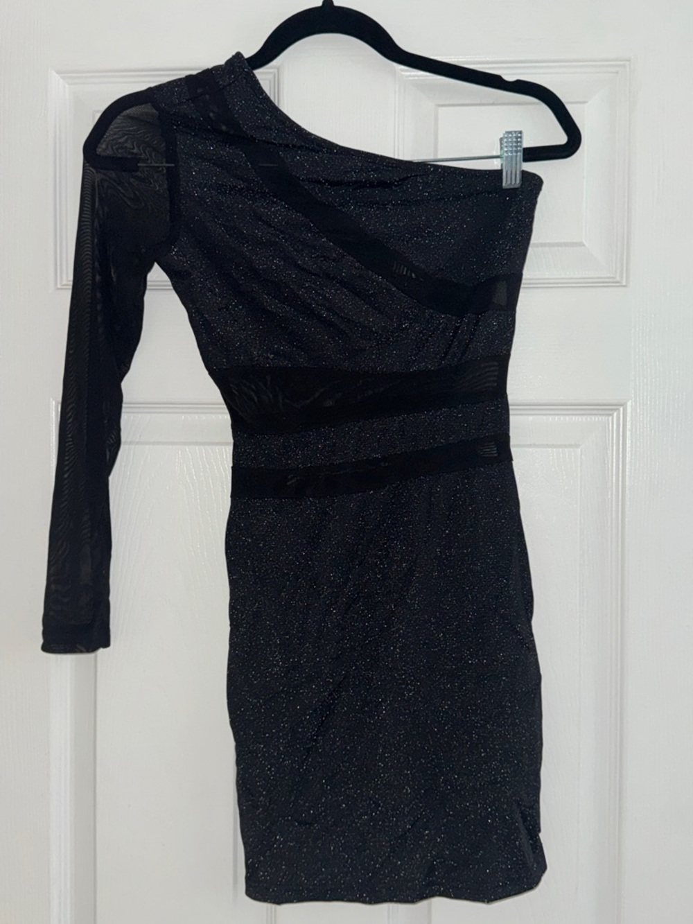 One-Shoulder Black Glitter Party Dress with Mesh Cutouts